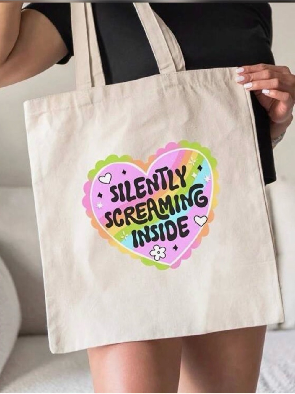 Silently Screaming Inside Rainbow Heart Canvas Tote